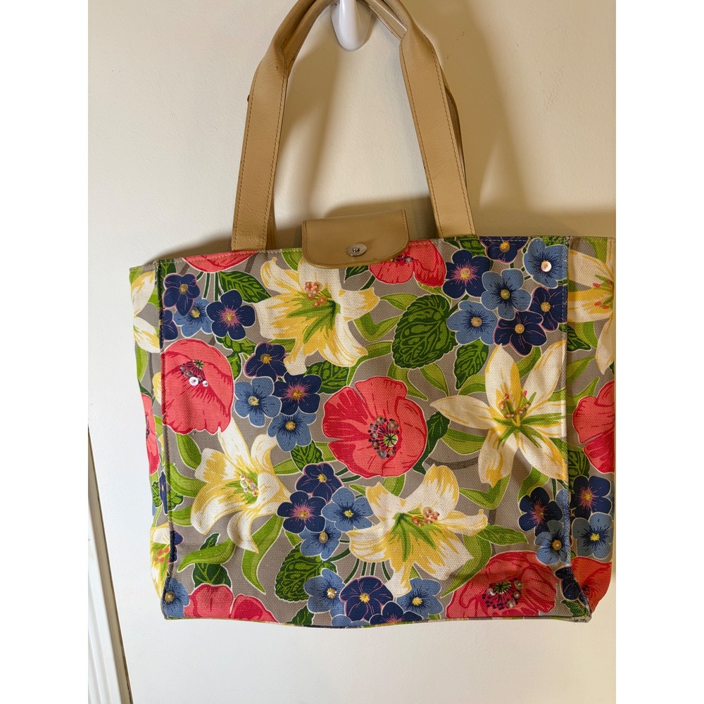 Bath & Body Works Floral Canvas Tote Bag Pink Blue Yellow Sequin Accents